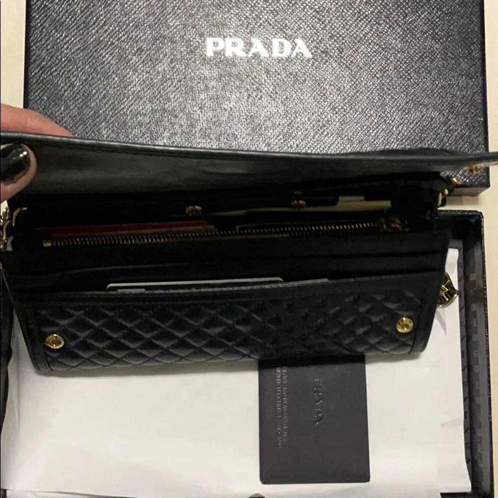 Prada quilted leather with gold chain wallet